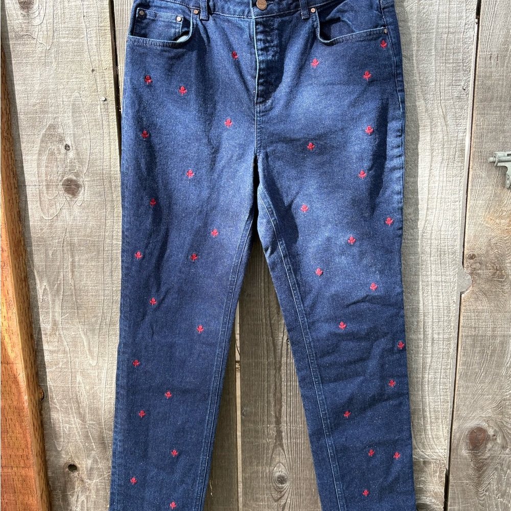 Boden Cavendish girlfriend jeans featuring red floral embroidery